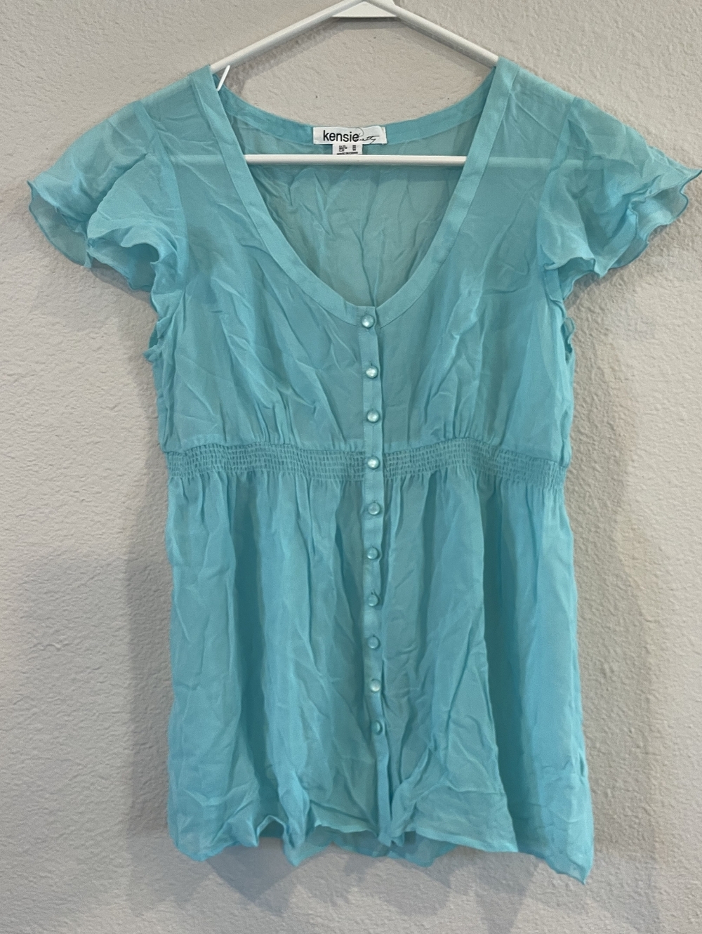 Kensie Pretty Vintage Womens Bright Blue 100% Silk Button Up Babydoll Blouse Med